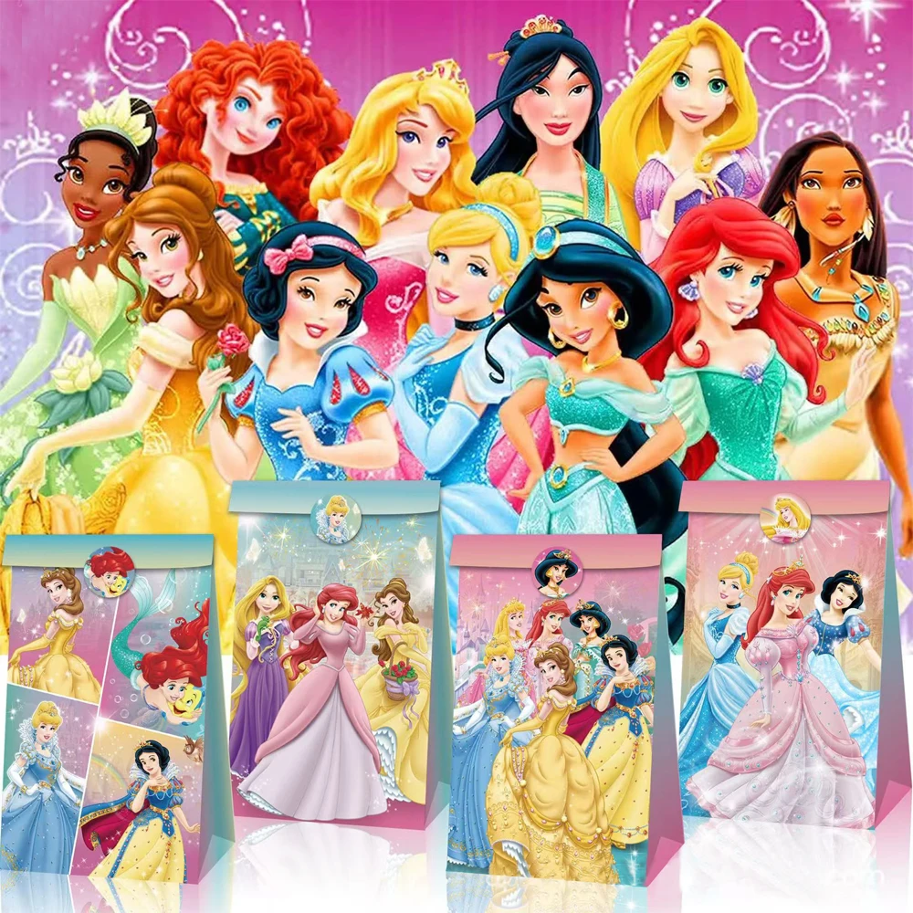 12pcs/24pcs Princess Birthday Party supplies Snow White Beauty Ariel Cinderella Candy Box Snacks Party candy gift bag decoration