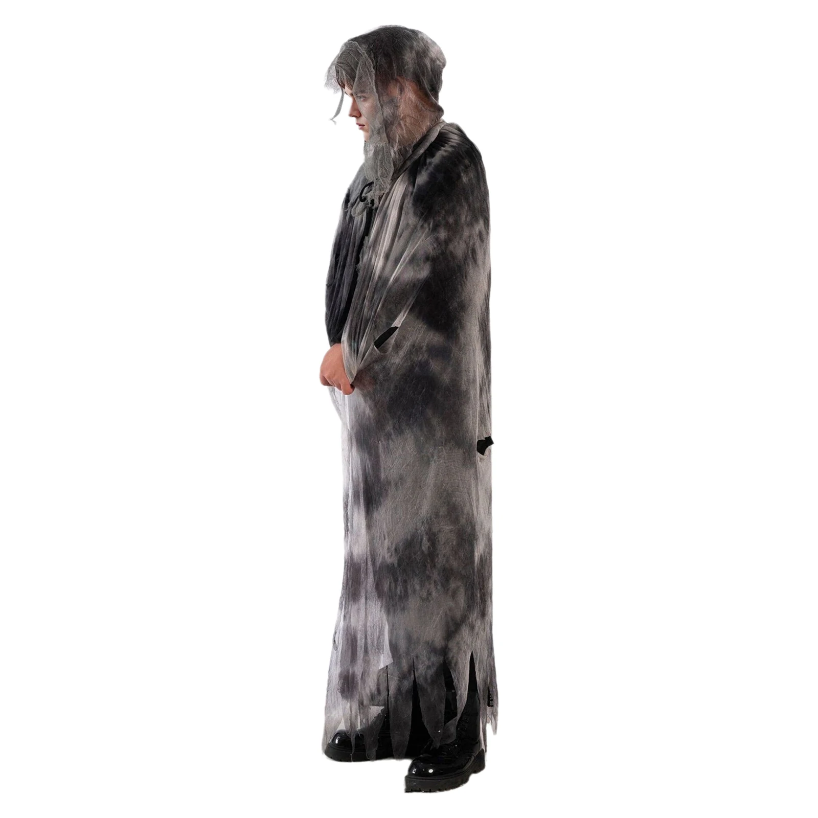 Men Women Hood Cloak with Exaggerated Ripped Mesh Lace-up Cape for Halloween Cosplay Theme Party Masquerade 3