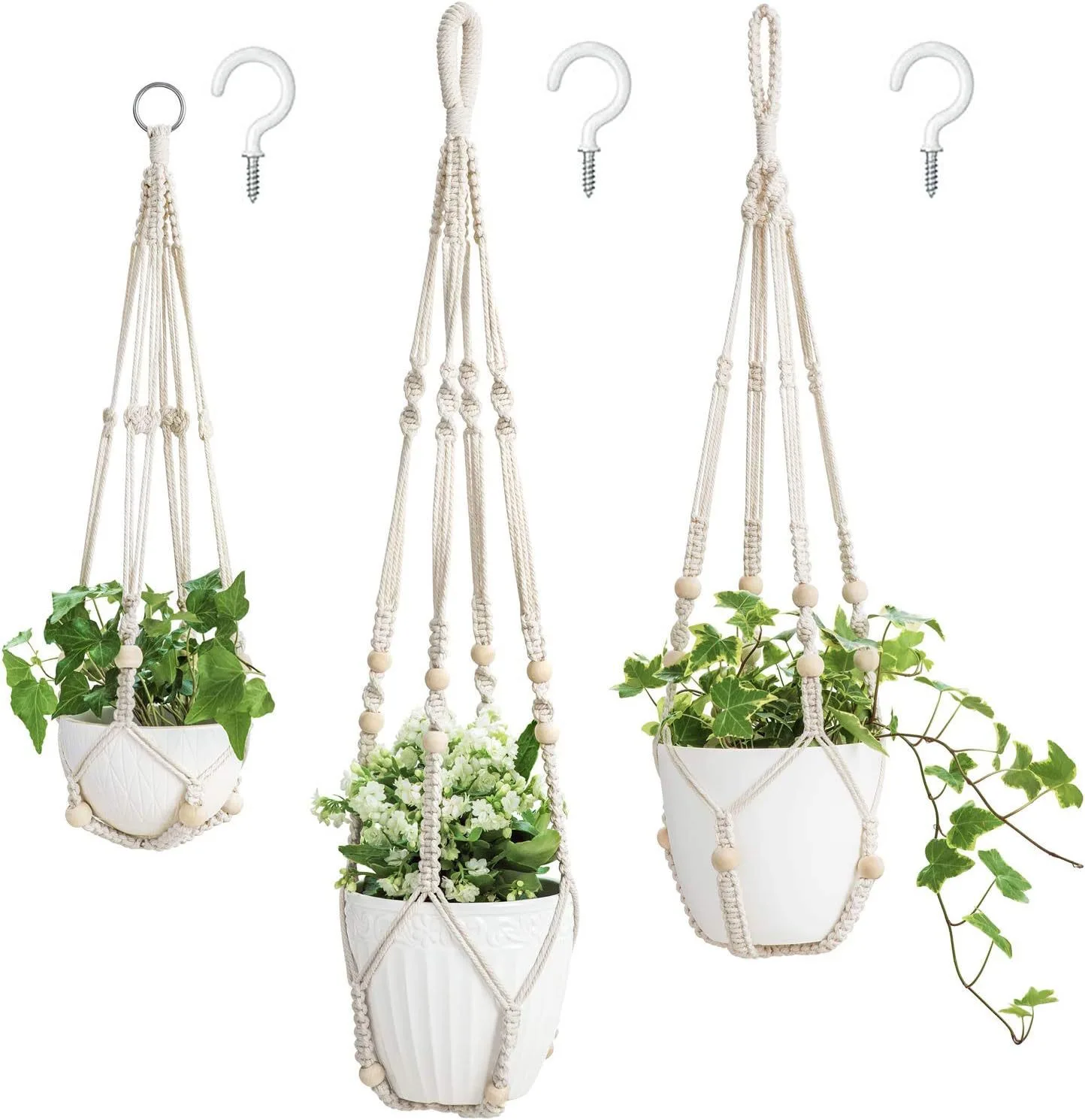 Boho Nordic Macrame Plant Hanger Set, Hand‑Woven Cotton Rope Hanging Planter Basket, Indoor Home Wall Decor, 3‑Size Combo