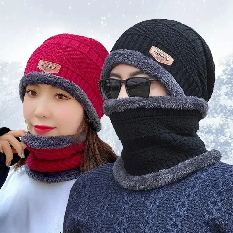 Winter Men Women Outdoor Sports Warm Beanie Hat Knit Thick Hat Warm Neck Scarf Hat Fashion Unisex Hats for Hunting Camping