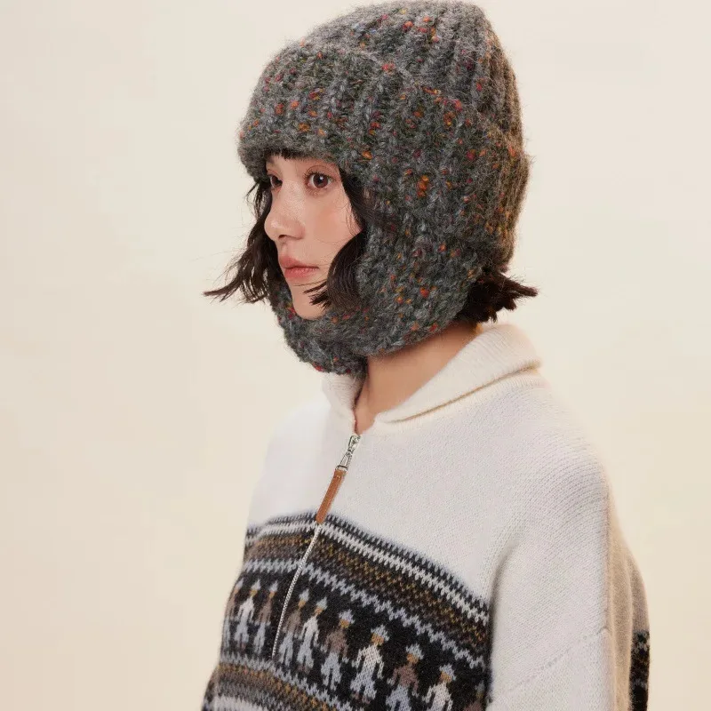 Korean Woolen Mixed Flower Yarn Knitted Bomber Hat  Autumn and Winter Thickening Warm Ear Protection Women Outdoor Skiing Hat