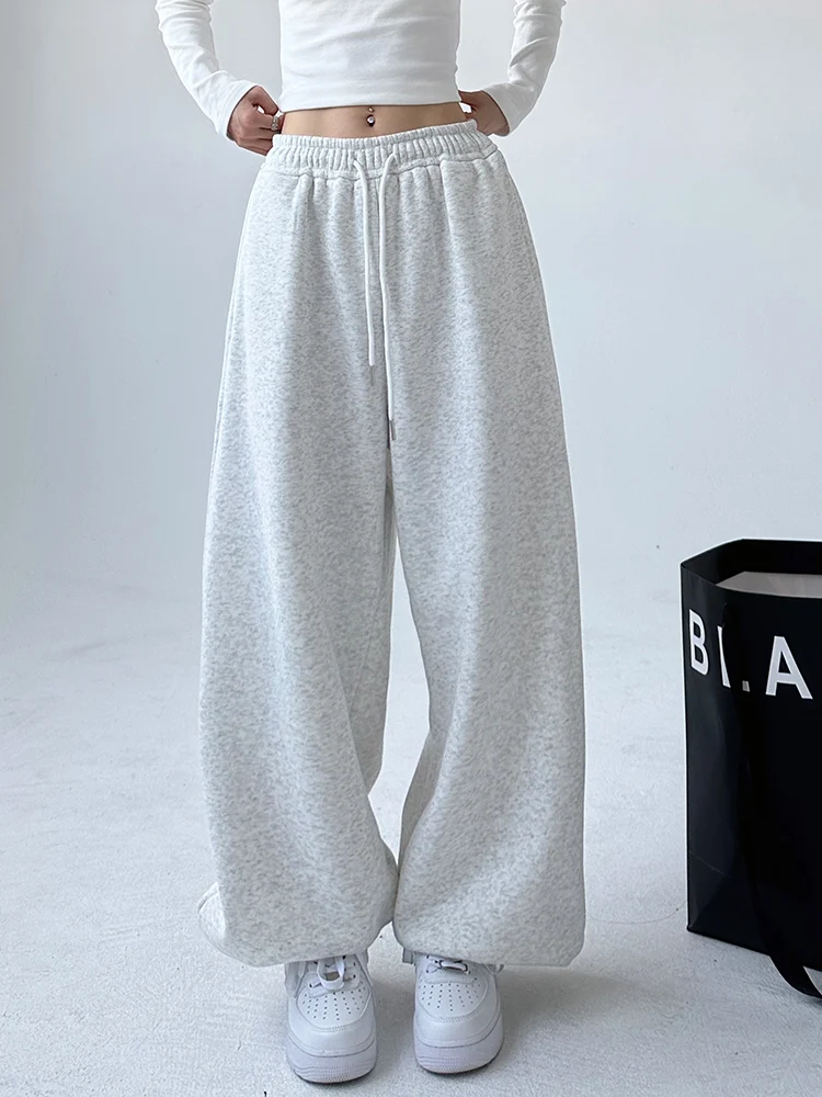 مريحة Dstring فضفاضة المرأة Sweatpants عالية الخصر Fce اصطف السراويل واسعة الساق الخريف الشتاء بناطيل كاجوال
