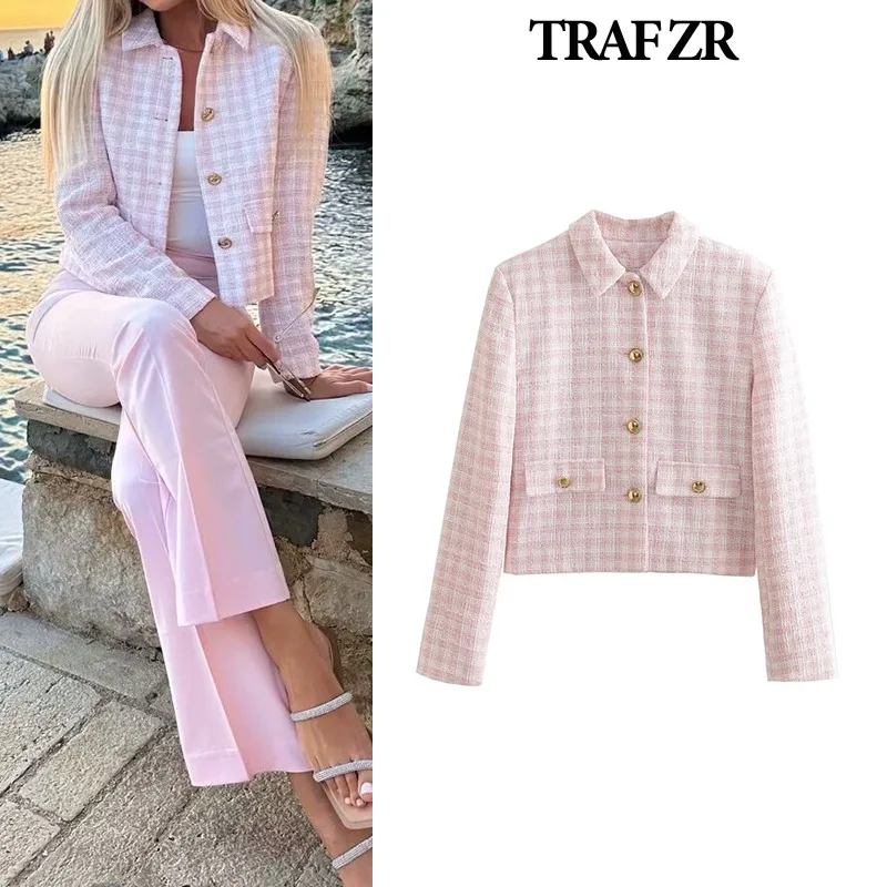 

TRAF ZR Gingham Jackets Women Summer 2024 Elegant Luxury Women's Coat Basics England Style Tops Pink Prairie Chic Jacket