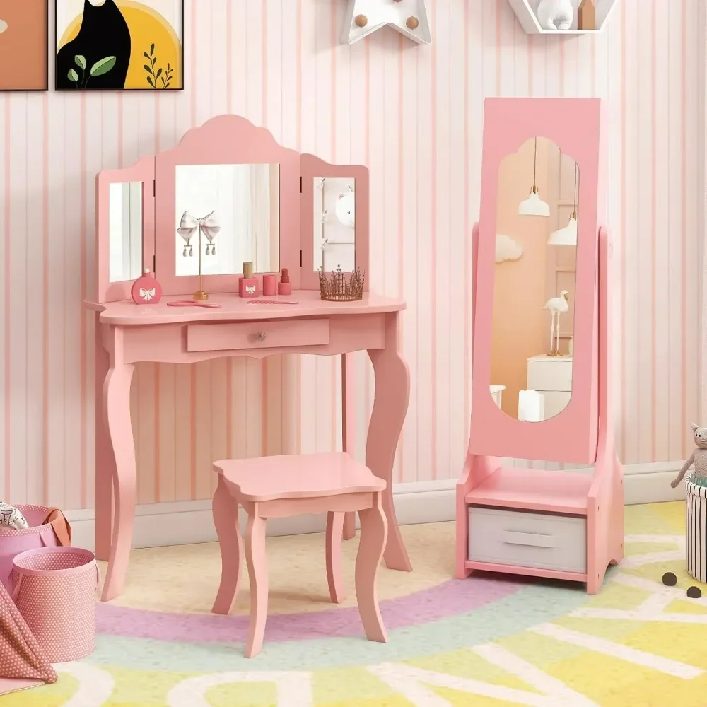 2 Piece Kids Vanity Set & Jewelry Armoire Cabinet, Table & Chair Set, Dress Up Jewelry Organizer Full-Length Mirror, Vanity Set