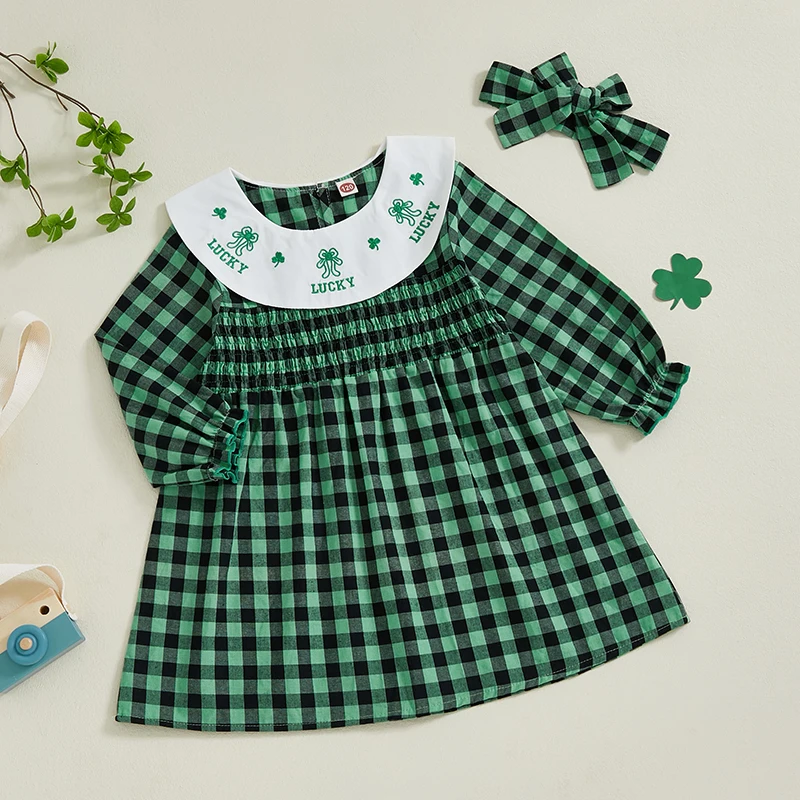 Little Girl Plaid Dress Clover Embroidery Shirred Doll Collar Long Sleeve A-line Dress with Bow Headband 2 Pcs Set