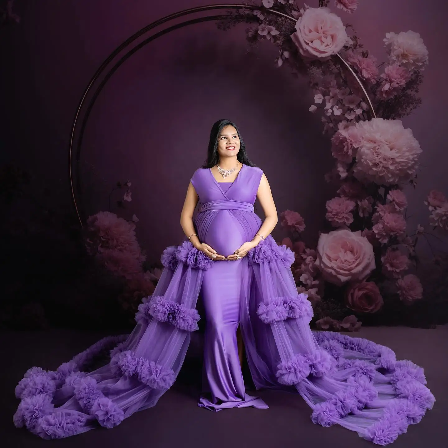 Purple Evening Dresses for Babyshower Tiered Ruffled Maternity Gowns Women Illusion Ruched  Pregnancy Babyshower Gowns