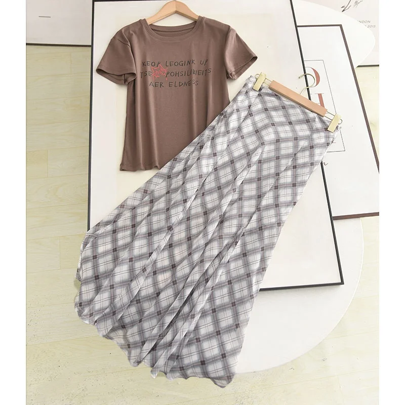 

McSystem Slimming Versatile oulder round Ne Letter T-irt High Waist Plaid Chiffon Skirt Two Piece Set Faionable ...