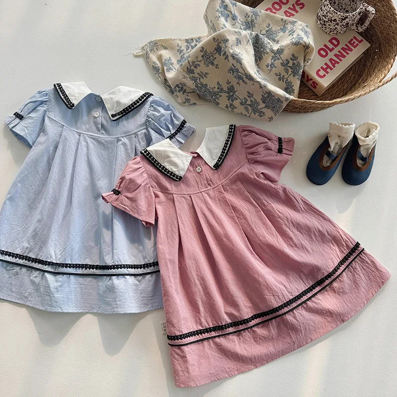 Y2K Style Summer 2026 New Doll Collar French Embroidered Girls Dress Lace Bubble Short Sleeve Princess Skirt Children's Clothing 4