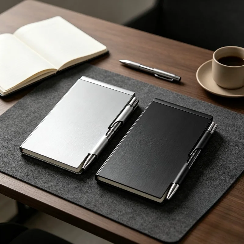 1Pc Fashion‑Inspired Aluminum Alloy Notebook with Pen, sleek portable metal mini journal for business and personal daily use