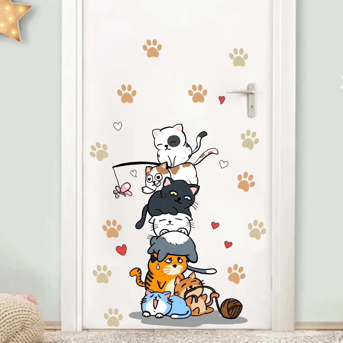 1Pc Cute Cats and Cat Paw Prints Stacked Together Wall Stickers for Kids Room Door Decoration Bedroom Wall Decals Home Decor