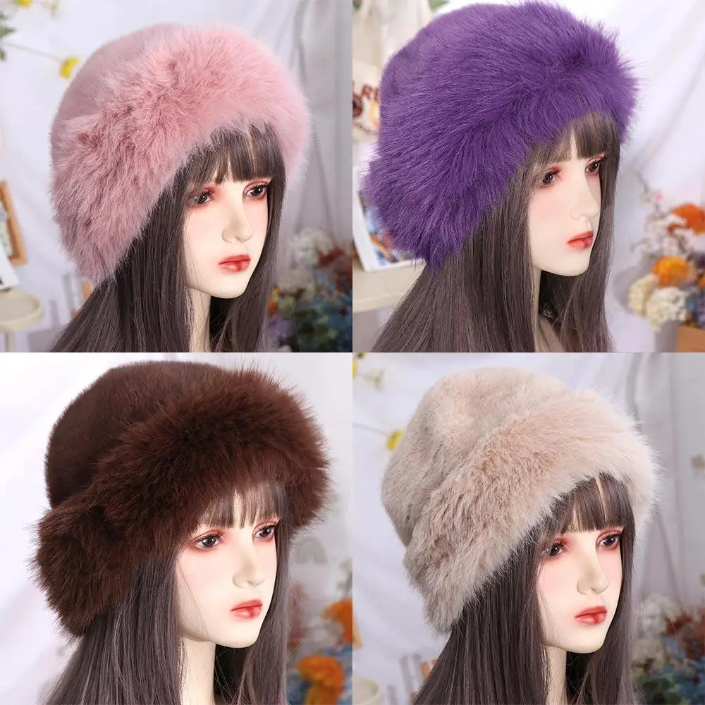 Fashion Korean Faux Fur Bucket Hat Warm Casual Luxury Hat Snowy Day Thicken Winter Fluffy Hats Women