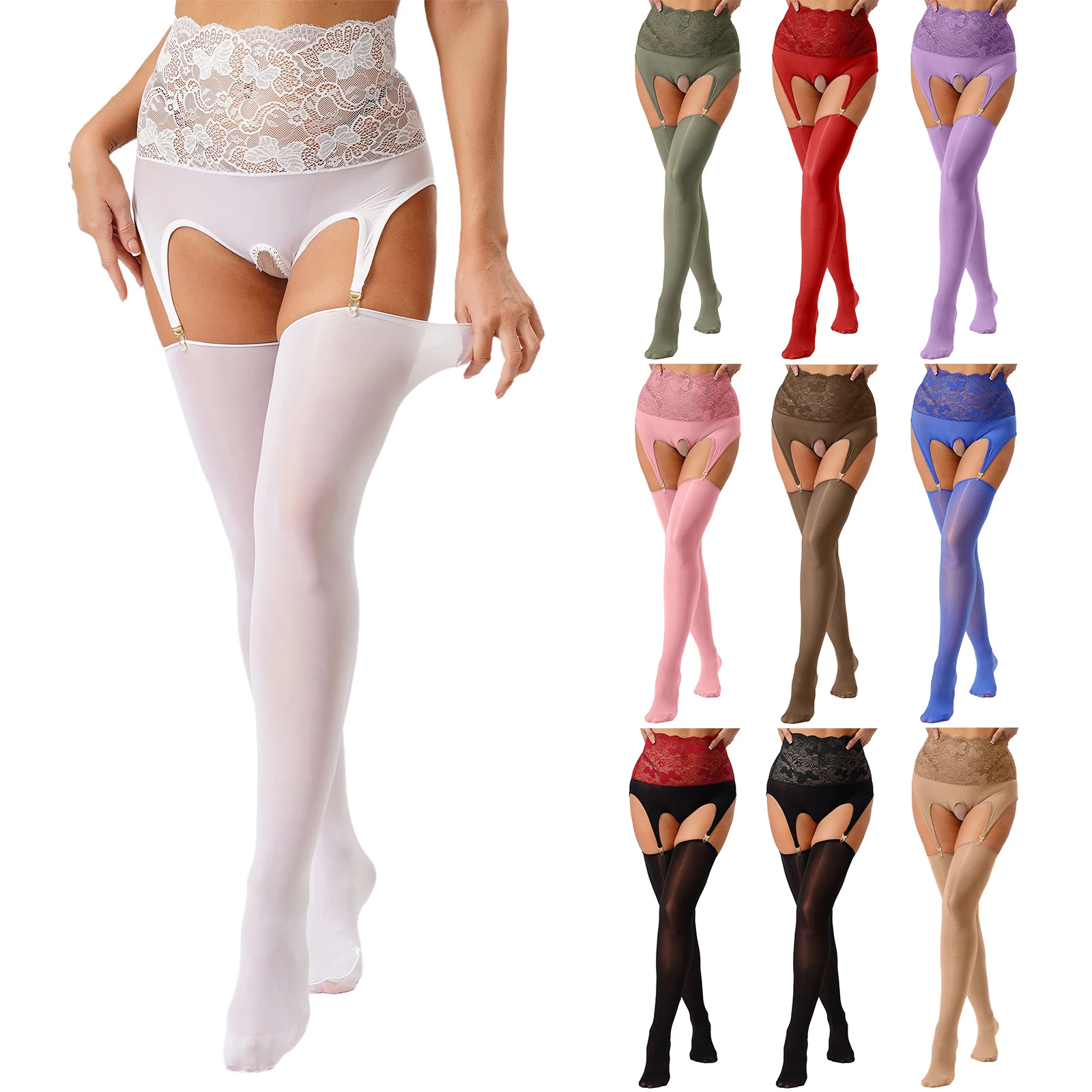 

Womens See Through Sheer Hollow Out Pantyhose Floral Lace Patchwork High Waist Open Crotch Suspender Tights Tempting Nightwear