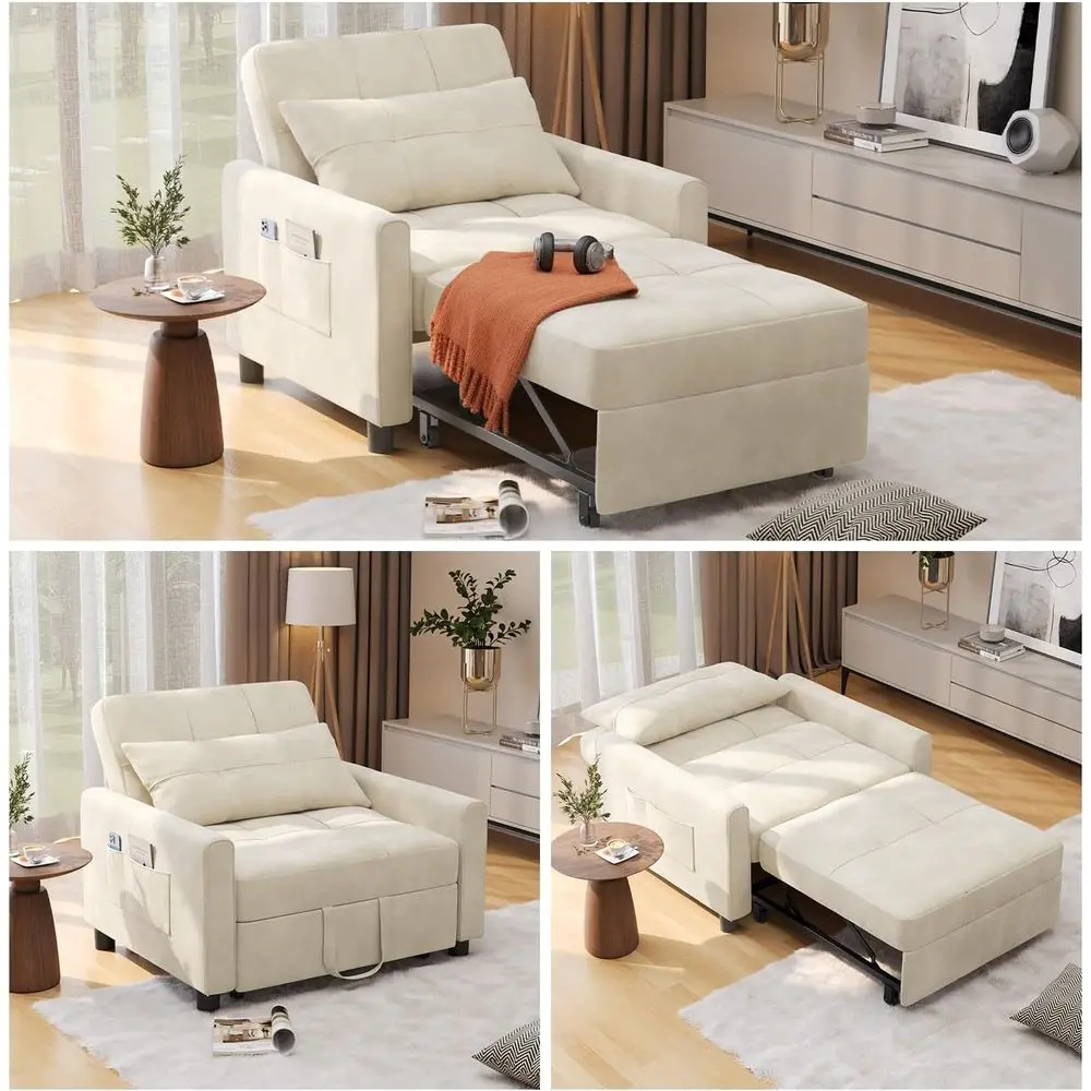 

3-in-1 Convertible Sleeper Chair with Adjustable Sofa Bed, Pillow & Storage - Beige