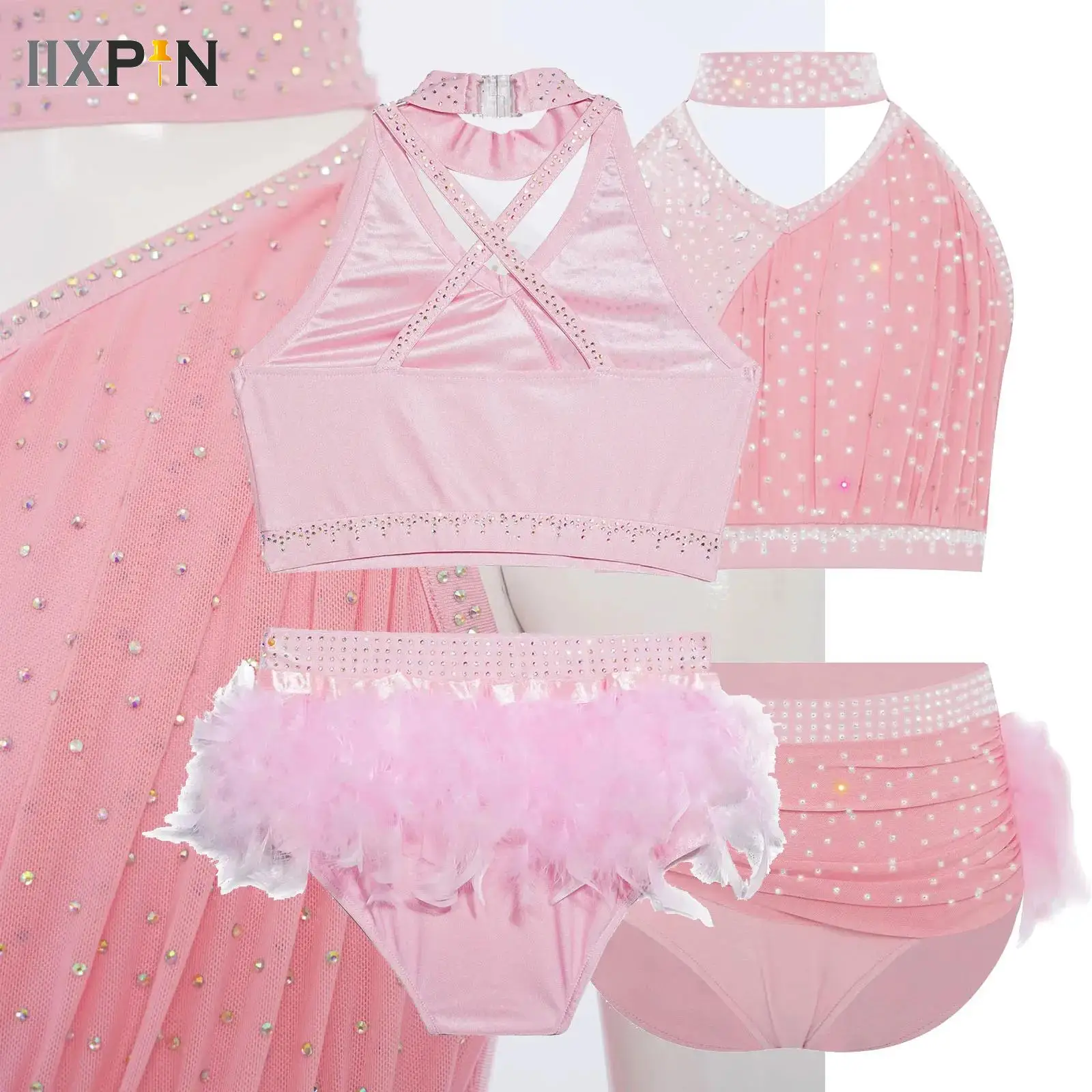 

Kids Girls Lyrical Dance Costume Ballet Lyrical Jazz Latin Dance Outfit Ruched Crop Top Rhinestones Gymnastics Leotard Dress