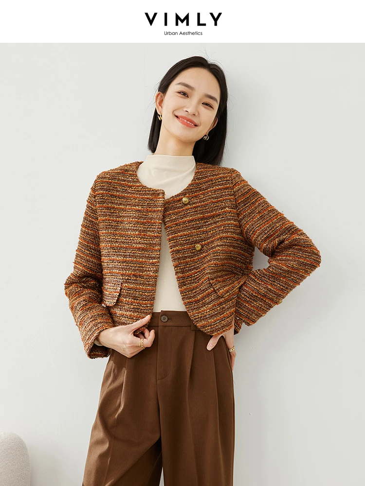 Vimly Rainbow Striped Cropped Tweed Jacket O-neck Long Sleeve Thick Quilted Coat 2023 New Wool Blend Winter Outerwears M5287