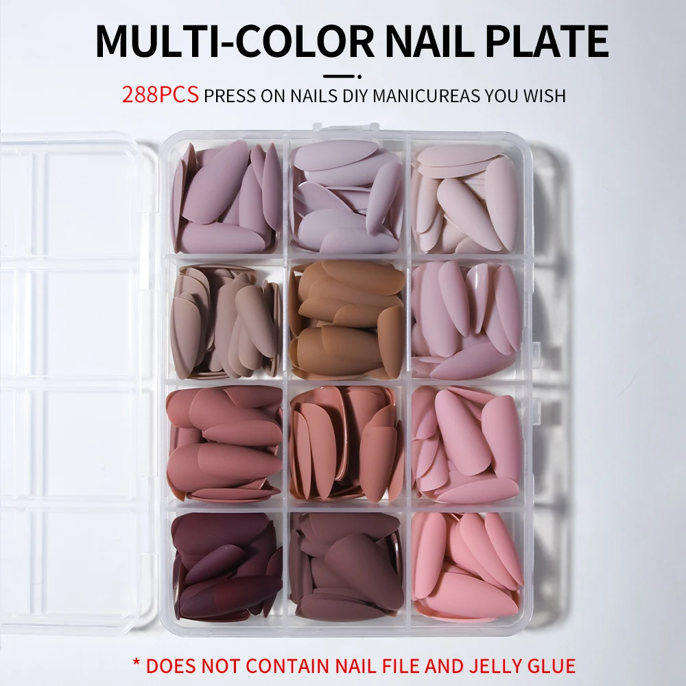 288Pcs (12Mixed)Long Almond Matte Brown Nails Design Acrylic Press On Nails Almond Perfect Fit Acrylic Fake Nail Set, Easy To We