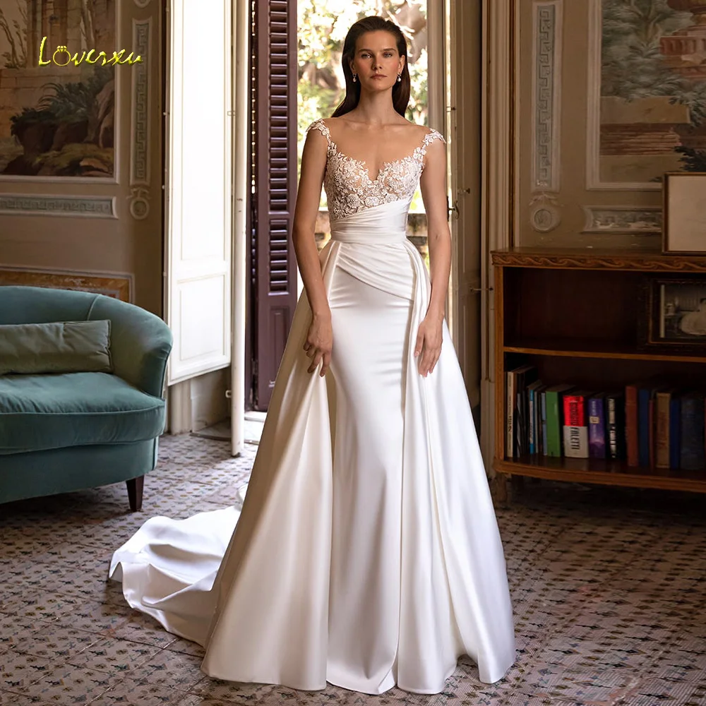 Loverxu abiti da sposa a sirena 2024 o-collo manica con cappuccio treno staccabile Vestido De Novia Appliques con perline abito di raso De Mariee