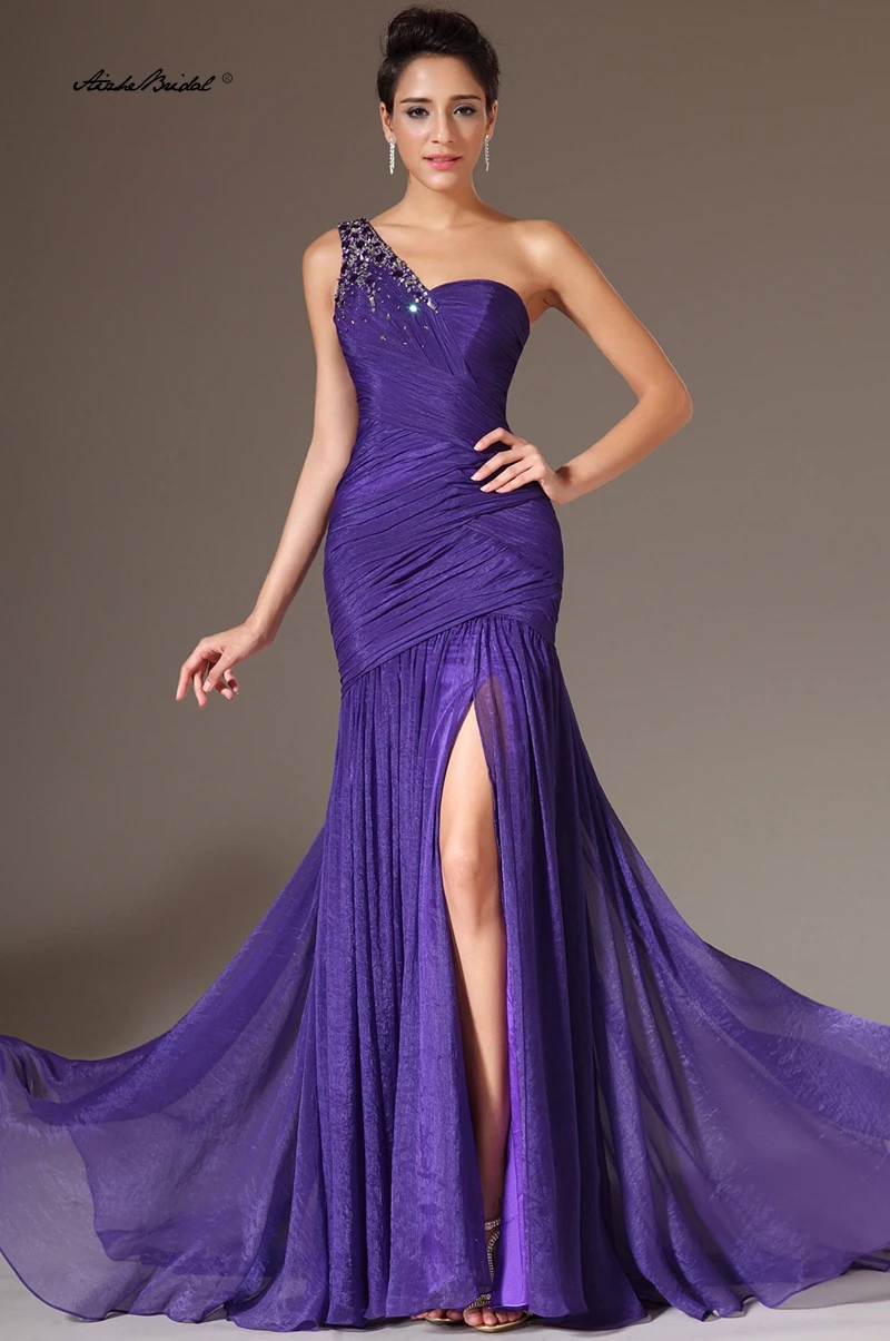 

Фиолетовые шифоновые вечерние платья русалки с кристаллами на одно плечо и высоким разрезом, пышное платье, вечерние платья, женские платья для выпускного вечера