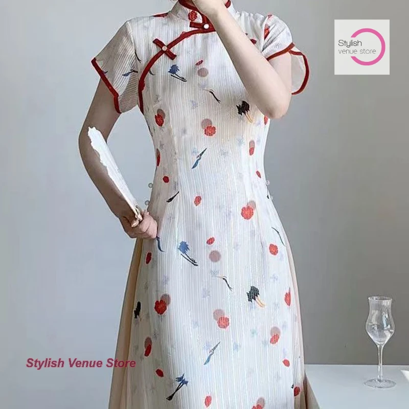 

Summer new slim fashion young cheongsam skirt girl new Chinese temperament high sense crane print retro Joker casual dress.