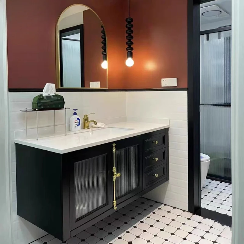 Slate French solid wood bathroom cabinet combination, retro washbasin bathroom smart hand washbasin combination