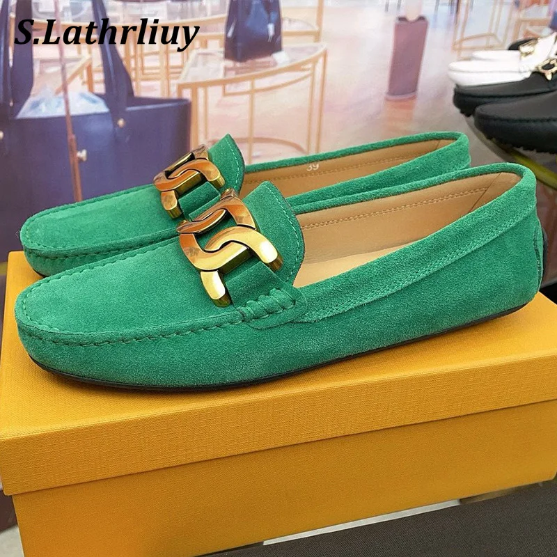 Spring Autumn Non-slip Doudou Shoes Women's Deep Mouth Lazy Loafers Round Toe Suede Metal Buckle Flat Shoes Comfort Casual Shoes