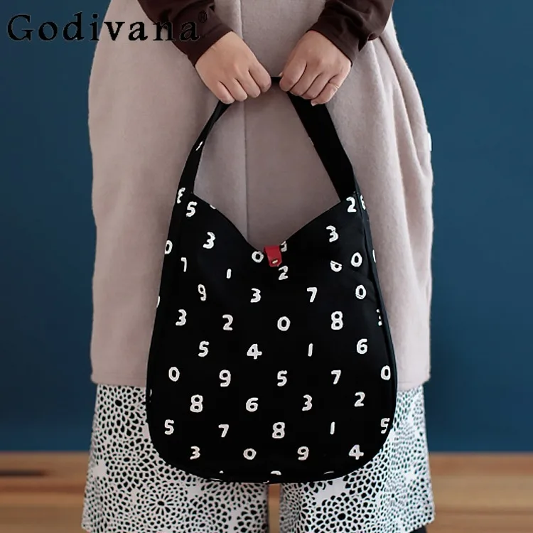 Japanese Style Canvas Handbags Female Casual Shoulder Bags Large Capacity Women's Simple Digital Printing Shopper Totes