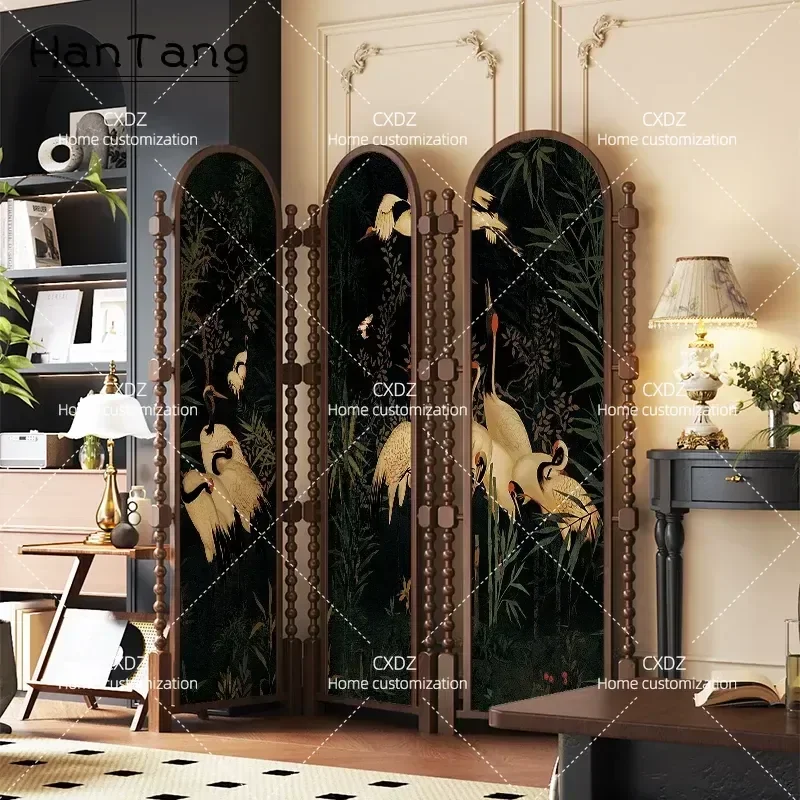 French Medieval Style Solid Wood Folding Screen Partition Mobile Room Divider for Living Room Office Entrance Simple Crane