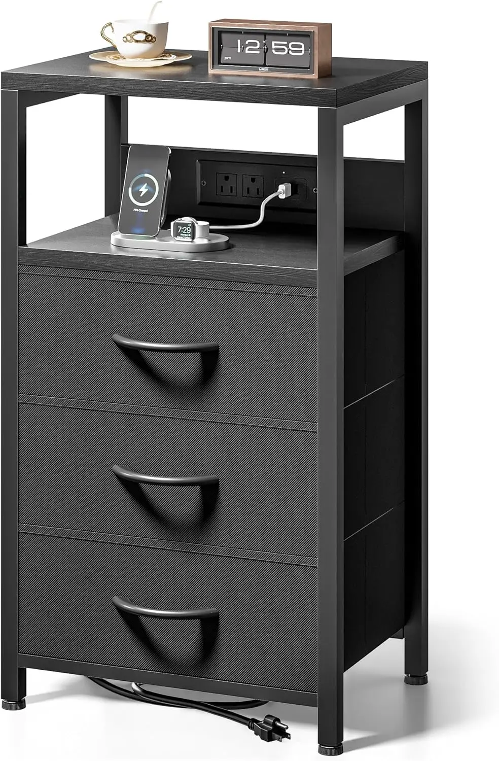 

Современная прикроватная тумбочка с зарядной станцией - 3 ящика, порт USB-C, регулируемые ножки для спальни и гостиной