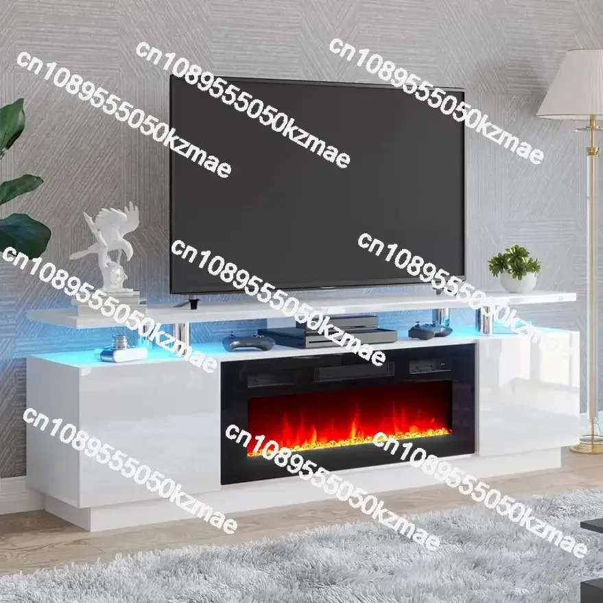 70in Modern High Gloss Entertainment Center LED Lights, 2 Tier Console Cabinet for TVs Up to 80in, White