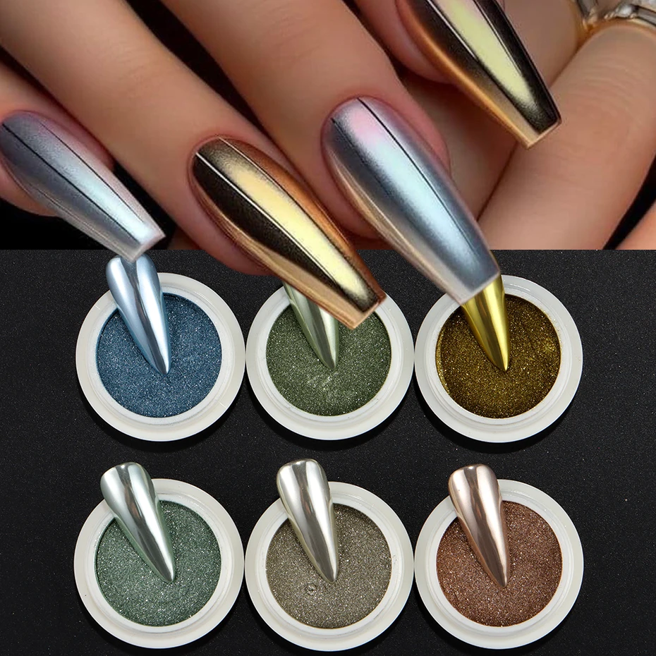 مجموعة بودرة لامعة للأظافر مكونة من 6 ألوان، مجموعة بودرة أظافر كروم بلون الشمبانيا الوردي المجسم بتأثير مرآة وأصباغ مانيكير ديكور