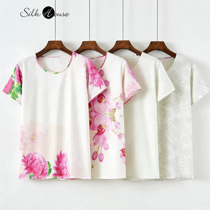 

Women's Casual Summer New Minimalist 100% Natural Mulberry Silk Plain Satin Round Neck Short Sleeved Printed T-shirt