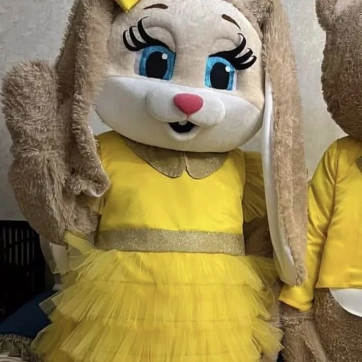 Cute Brown Bear Rabbit Mascot Costume Easter Bunny with Yellow Suits Wedding Dress Hallowee Christmas Fancy Party Outfits