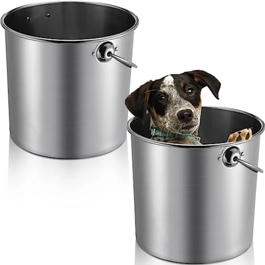 

2 Pcs SinleSteel et for Pet Cleanin3.2 Gallon Mel et Water Pail wi Handle for Fence Kennel Cage Gar Worhop