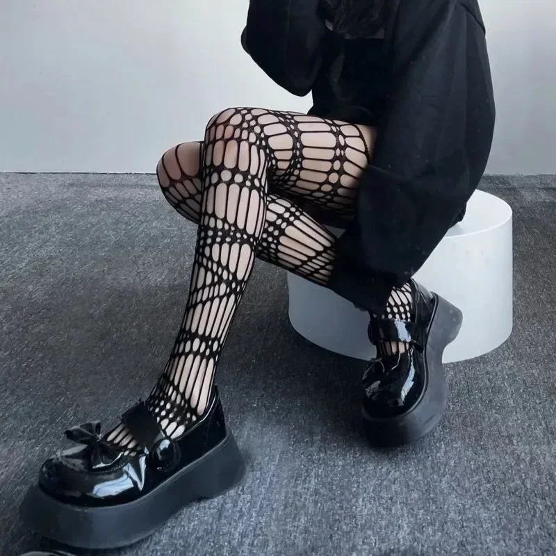 Lolita Gothic Mädchen Netzstrümpfe mit Aussparungen Damen Mode Halloween Schwarze Strumpfhosen Strapsstrümpfe Überkniestrümpfe Transparente Strumpfhose