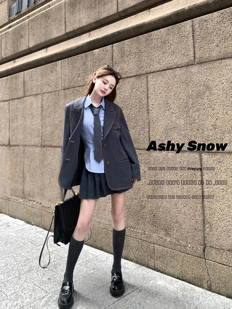 

Ay Snow Notting Hill College Denim Simulation Suit Jaet Women's Autumn Winter Gingham Skirt Set Bright Stitching Line