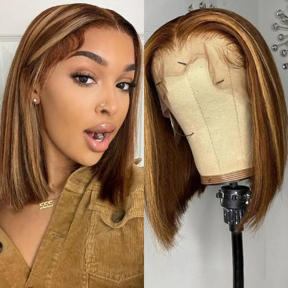 Ombre Highlight Bob Perücke Echthaar 6x4 Lace Front Perücken P4/27 Farbige Perücken 16 Zoll Bob Echthaar Perücken 180 Dichte vorgeschnittene Spitze