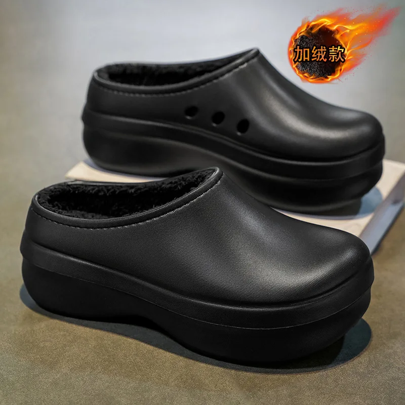 Men's autumn and winter plush-lined warm, non-slip, odor-resistant closed-toe slippers, couple's cotton shoes for men