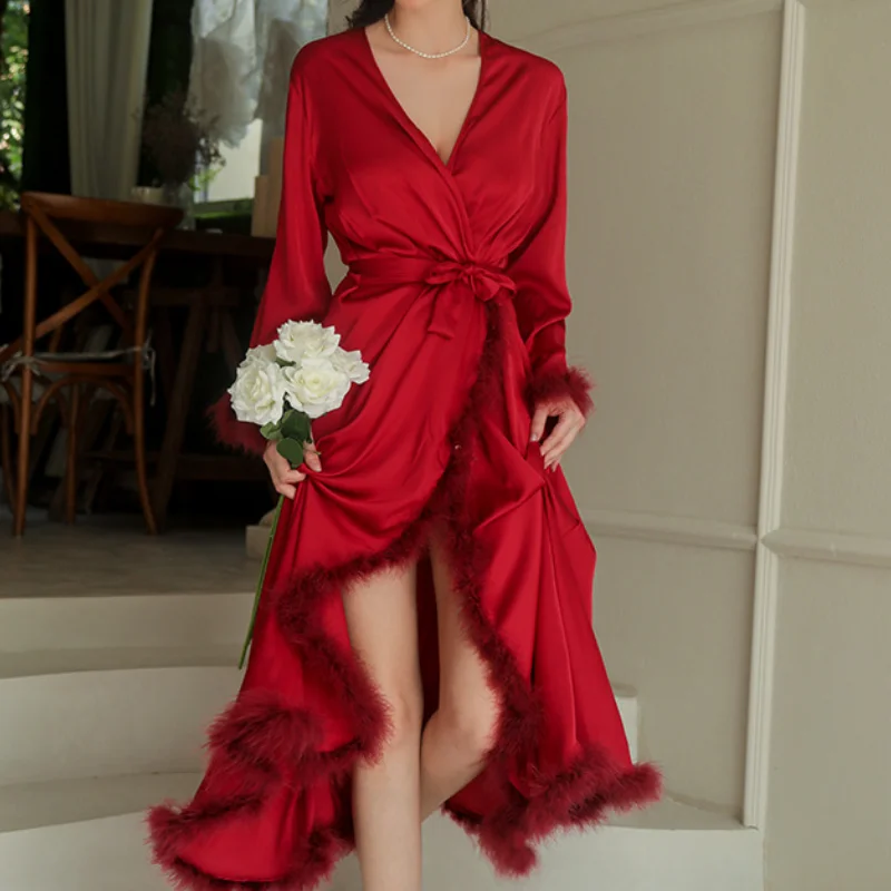 

Sexy Wedding Morning Feather Robe Women Long Kimono Bathrobe Gown Spring Summer Satin Sleepwear Nightgown Loose Home Dress