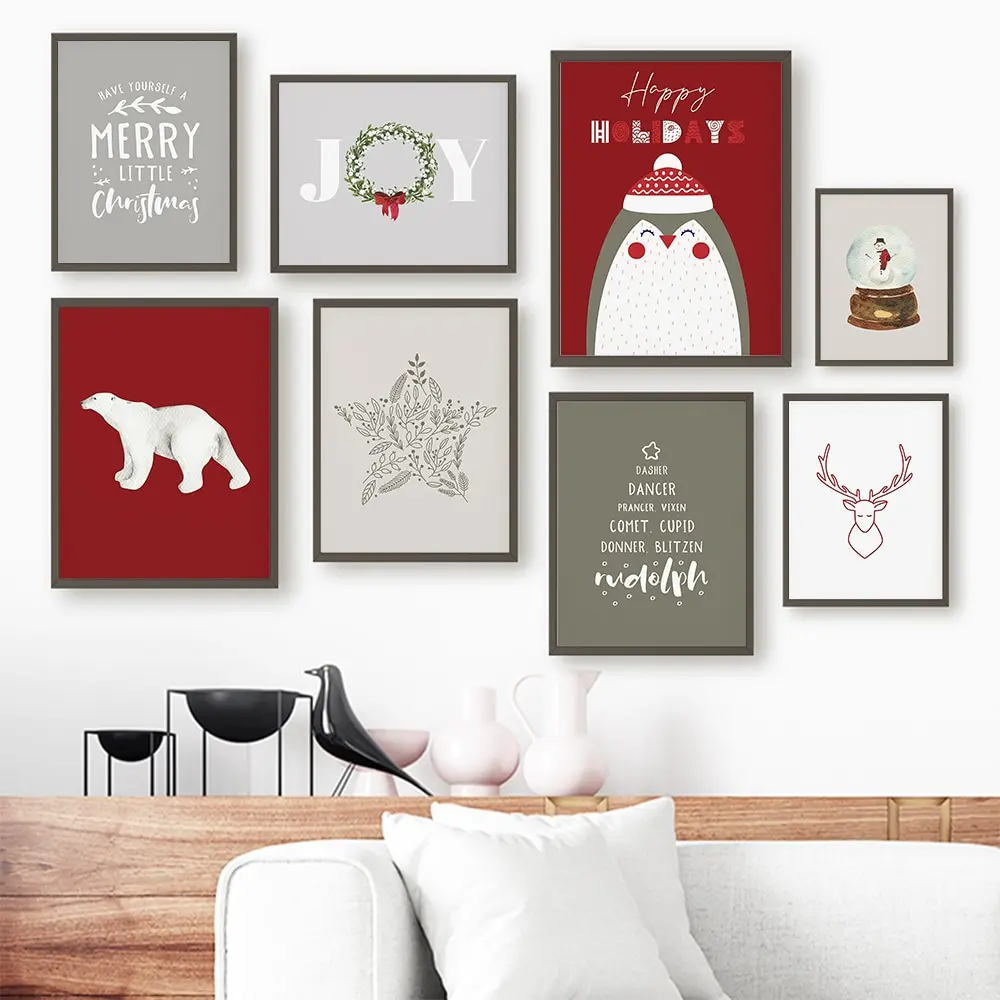 Christmas Card Poster Printing Red Winter Animal Tree Oil Painting Joyful Wall Art Wall Painting Living Room Home Decoration