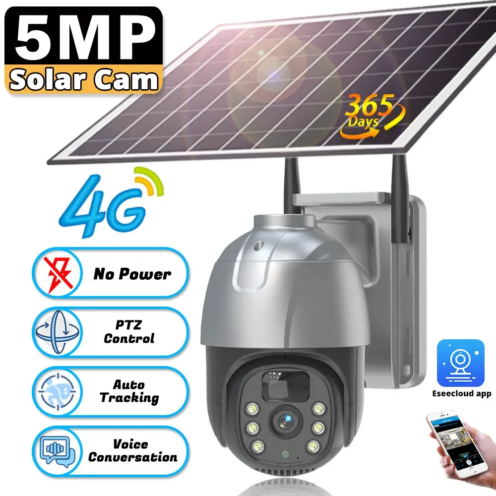 Smart 4G Wireless PTZ Solar Camera AI Human Tracking 5MP Outdoor Secuity 4G Surveillance IP Camera Low Power Color Night Vision