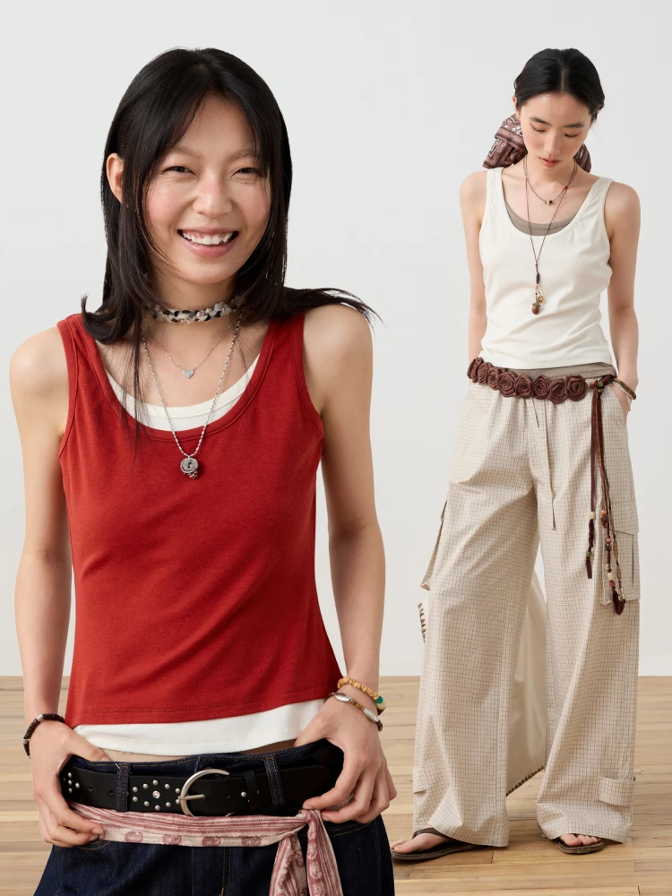 

Octopusme Women's Slim Fit ort Tank Top Fake Two-Piece Summer Outfit Hot Girl Casual Versatile Sle Non-Padded Basic Color