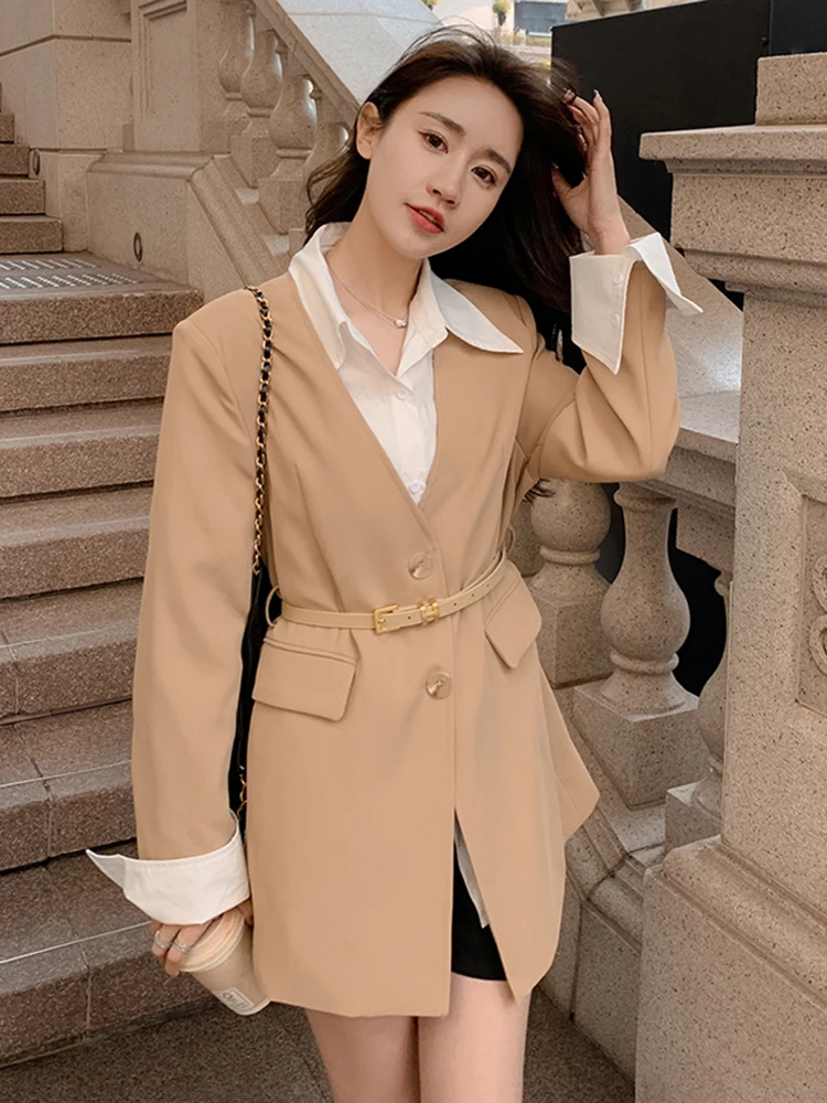 LANMREM Patchwork Blazers For Women Long Sleeves Single Breasted Khaki Color Belt Coat Office Lady Fashion Clothes 2DA4185