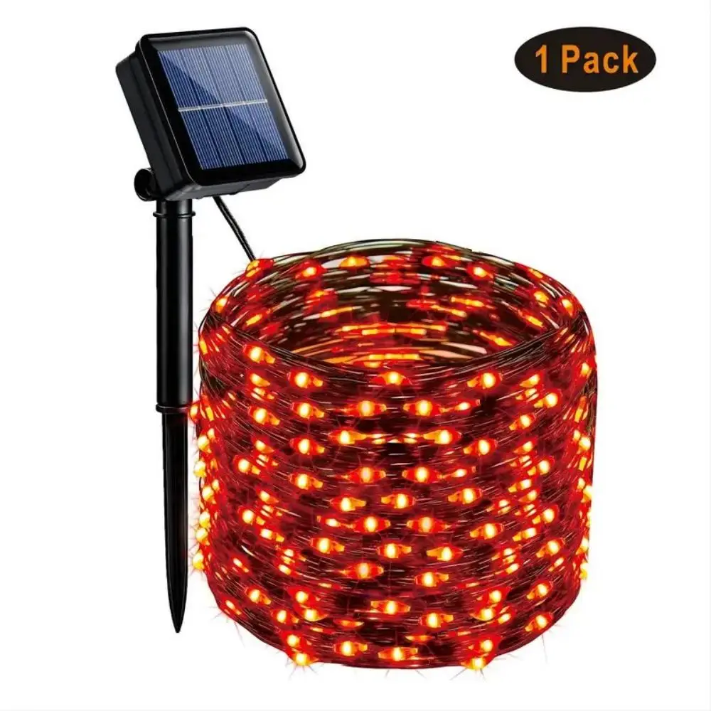 1pc Solar Orange & Purple Halloween Lights, 39.37ft 120 LED, Purple Solar Halloween Lights 8 Modes, Outdoor Twinkle Fairy Lights