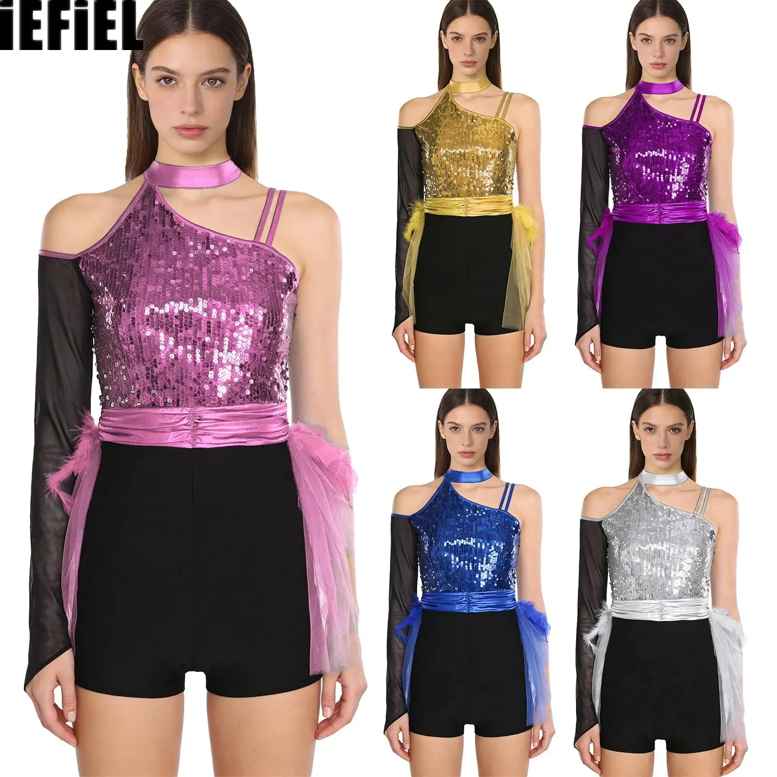 

Womens Spanish Dance Bodysuit One Shoulder Long Sleeve Shiny Sequin Feather And Tiered Irregular Jumpsuit for Latin Chacha