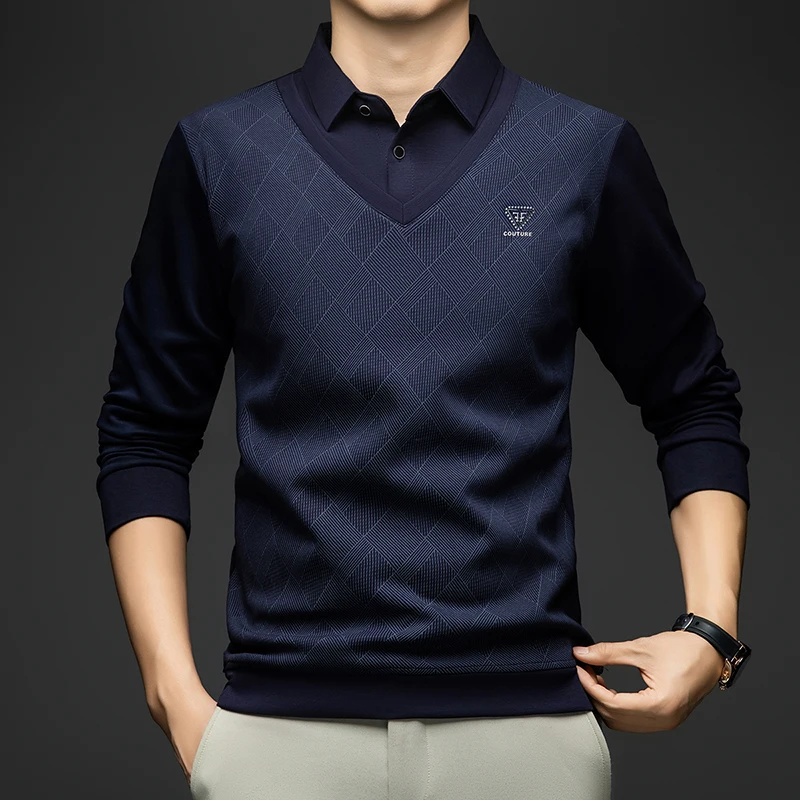 2025 الربيع والخريف منتصف العمر الرجال طوق بأكمام طويلة تي شيرت أبي فضفاض وهمية قطعتين منتصف العمر رقيقة رداء علوي غير رسمي الرجال #2