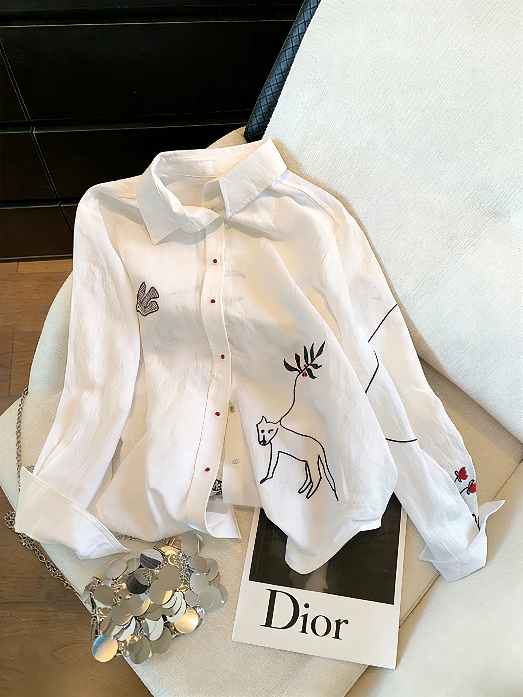 

Casual Style White Printed Loose Fit Thin Shirt Women's Fashionable Spring Autumn Anti UV Sun Protection Shirt Youth Casual Wind