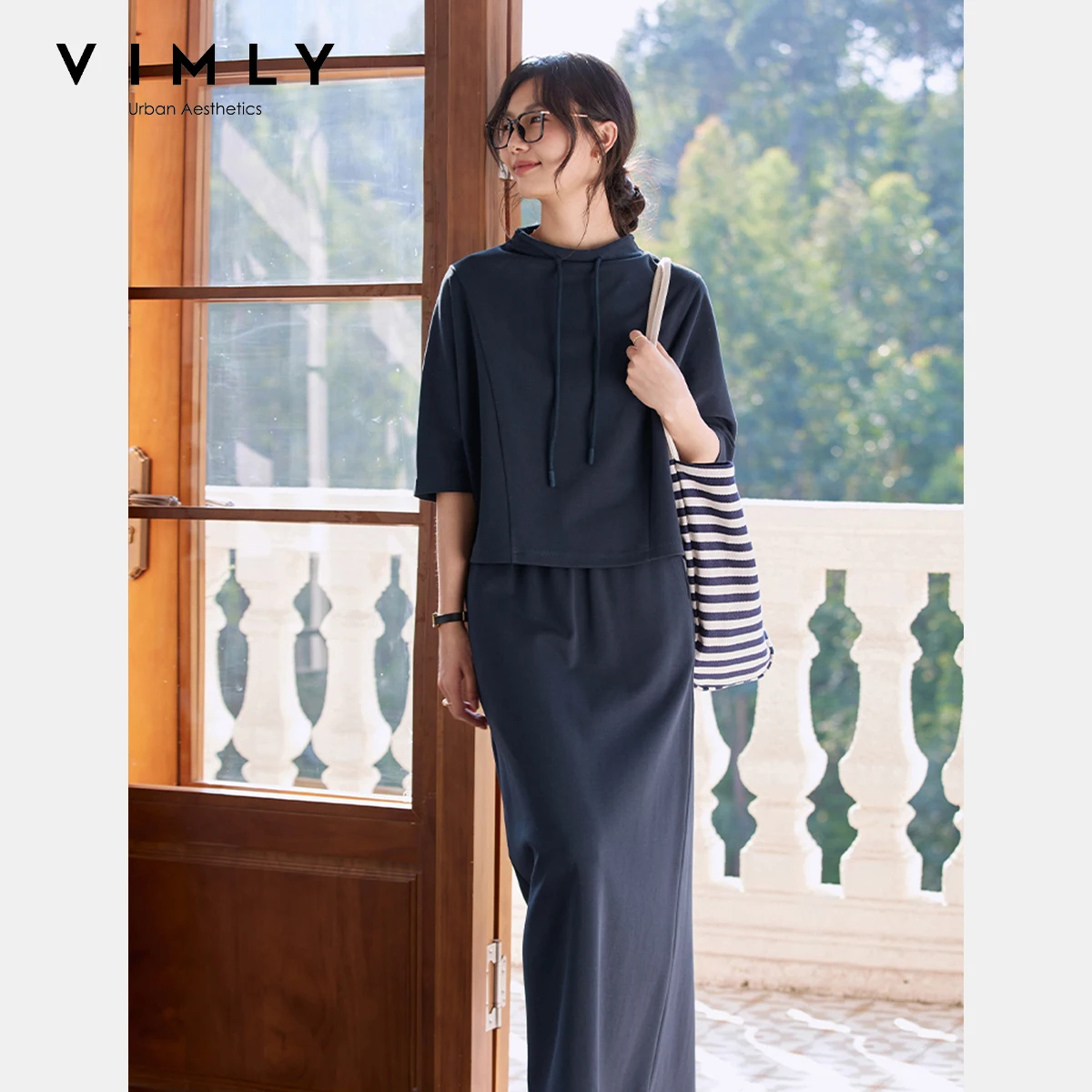 

VIMLY 2 Piece Outfits Women's Casual Skirt Sets Ladies 2025 Spring Autumn Drawstring Top and Long Skirt Female Clothing A0231