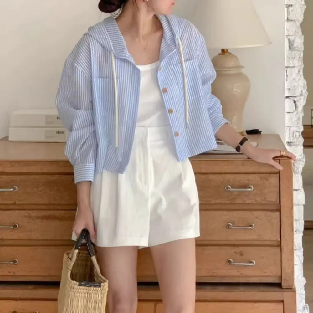 

Simple Drawstring Striped Hooded Shirt Retro Loose Long Sleeved Shirt Chic Sunscreen Sweatshirts for Women Female