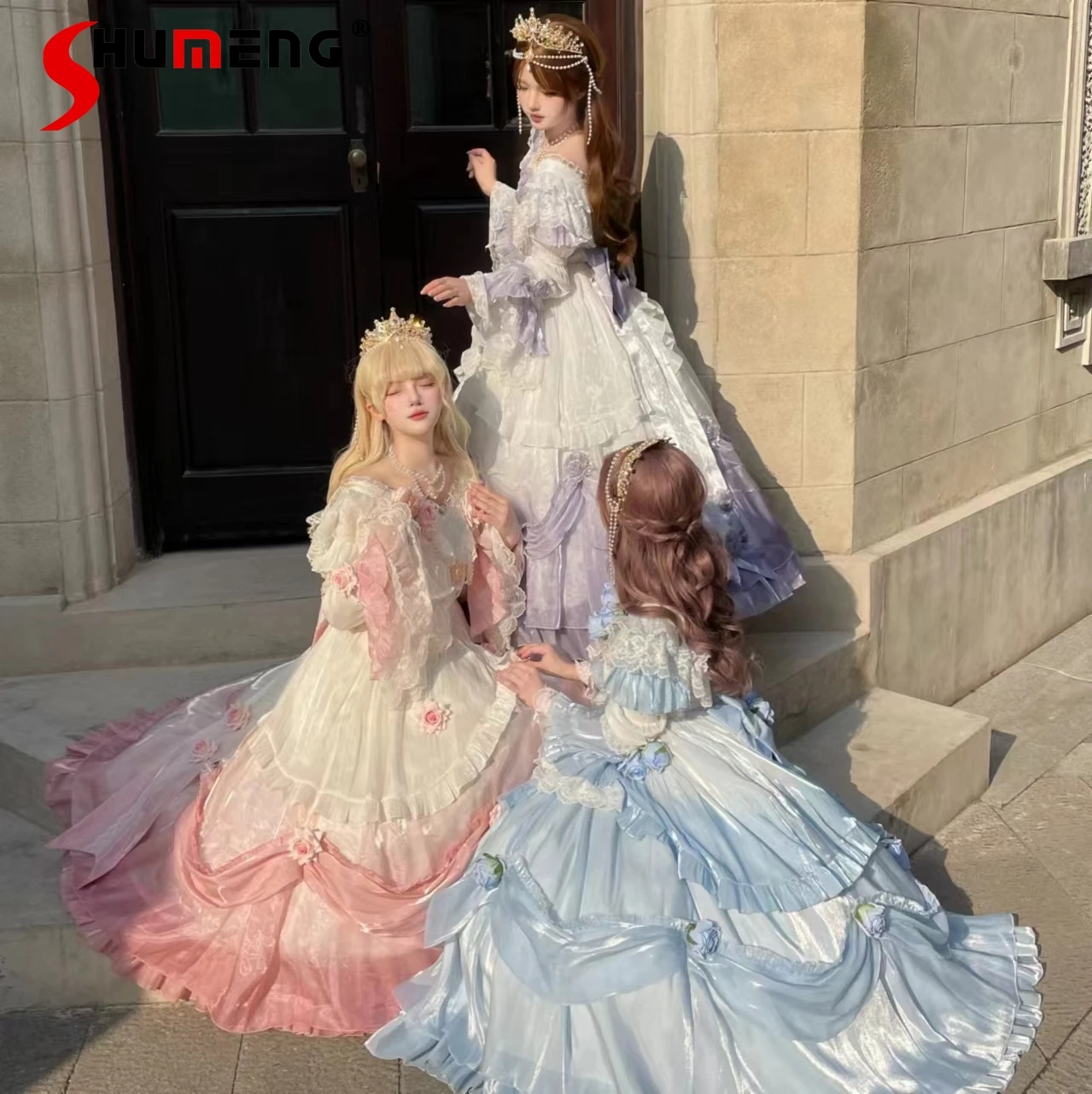 

Elegant Classical Court Style Princess Party Dress Heavy Industry 3D Flower Bead Chain High Waist Retro Lolita Long Dress Women