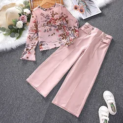 2 Pcs Kids Casual Clothing Sets Outfits for Girls 2023 New Autumn Children Fashion Pink Floral Print Tops Long Pant Sets 7-14Y